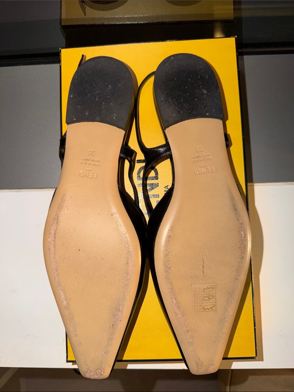 Fendi Black Leather Pointed Slingback Mules with Gold FF Accent - Picture 4 of 6